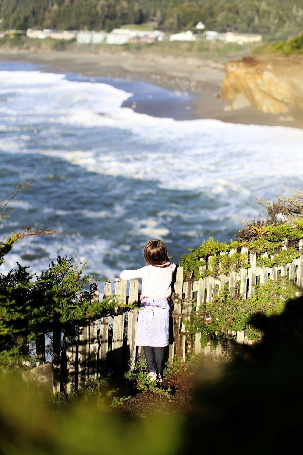 a little girl standing on a fence looking at the ocean