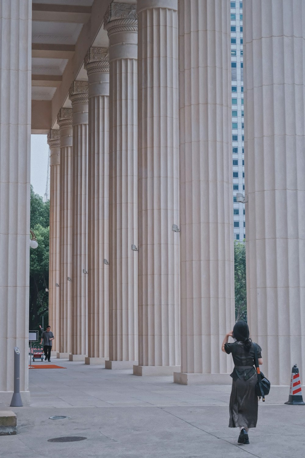 a woman in a long dress is standing in front of columns