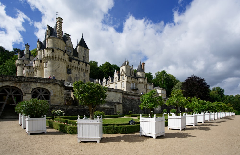 a large castle with a lot of trees in front of it