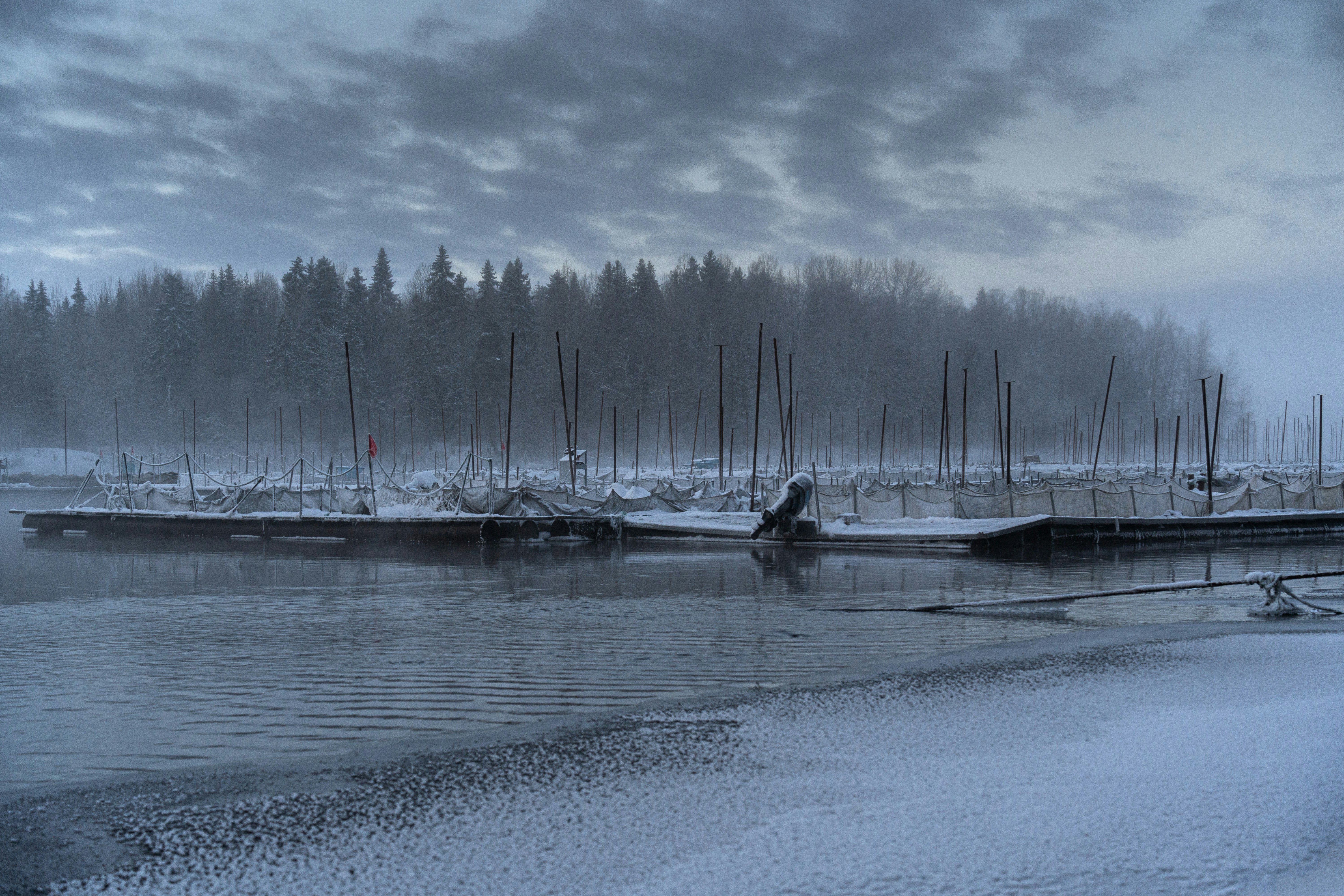 a boat dock on a lake with snow on the ground