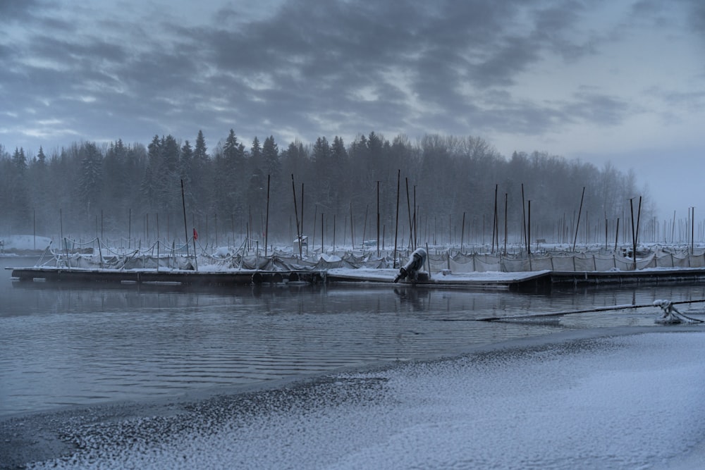 a boat dock on a lake with snow on the ground