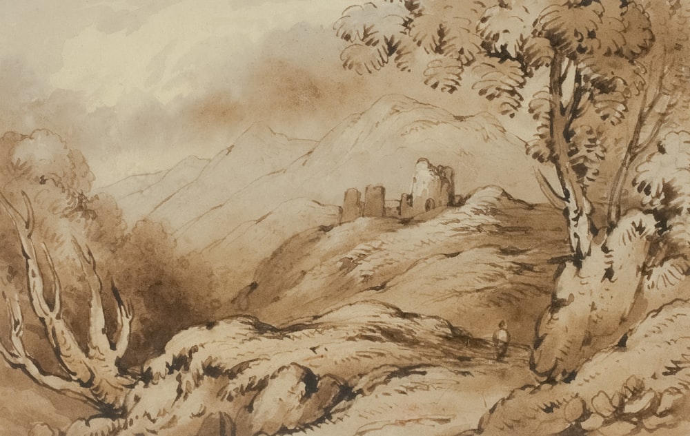 a drawing of a mountain scene with a castle in the distance