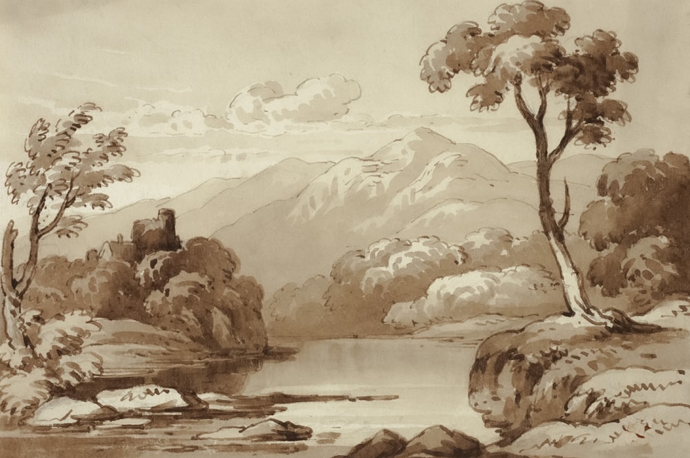 a drawing of a river with mountains in the background