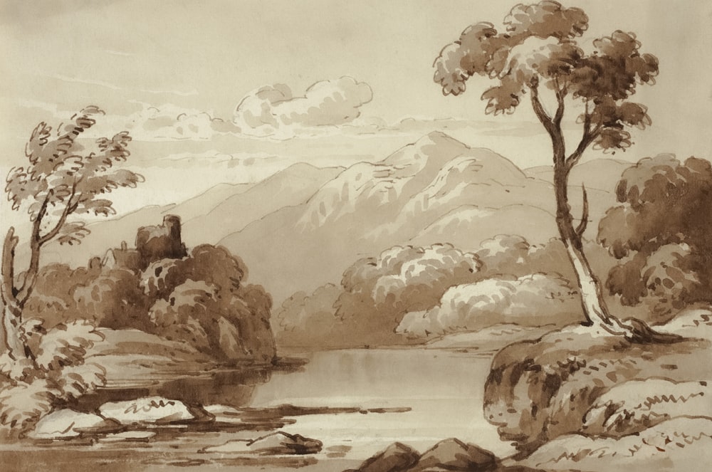 Un dibujo de un río con montañas en el fondo
