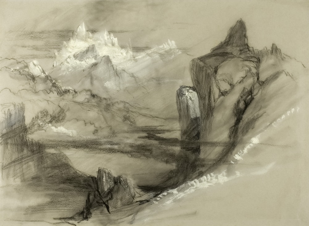 a black and white drawing of a mountain landscape