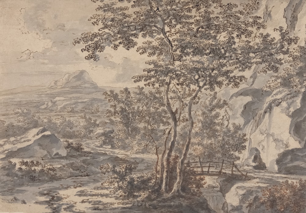 a painting of a mountain scene with a bridge