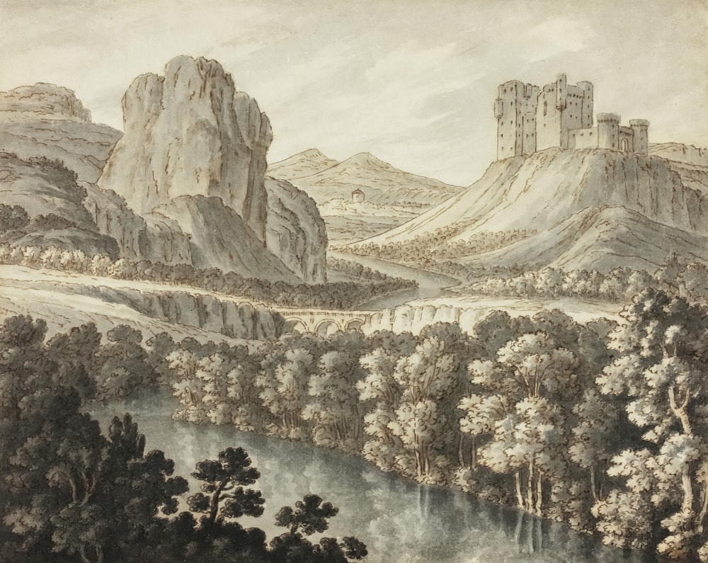 a painting of a mountain landscape with a castle in the distance