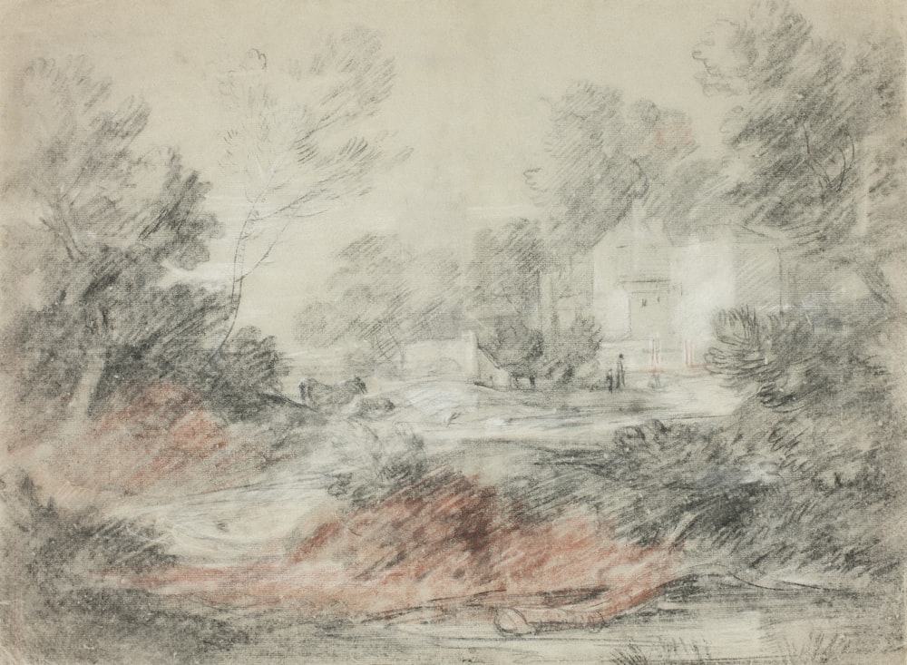 a drawing of a landscape with a house in the background