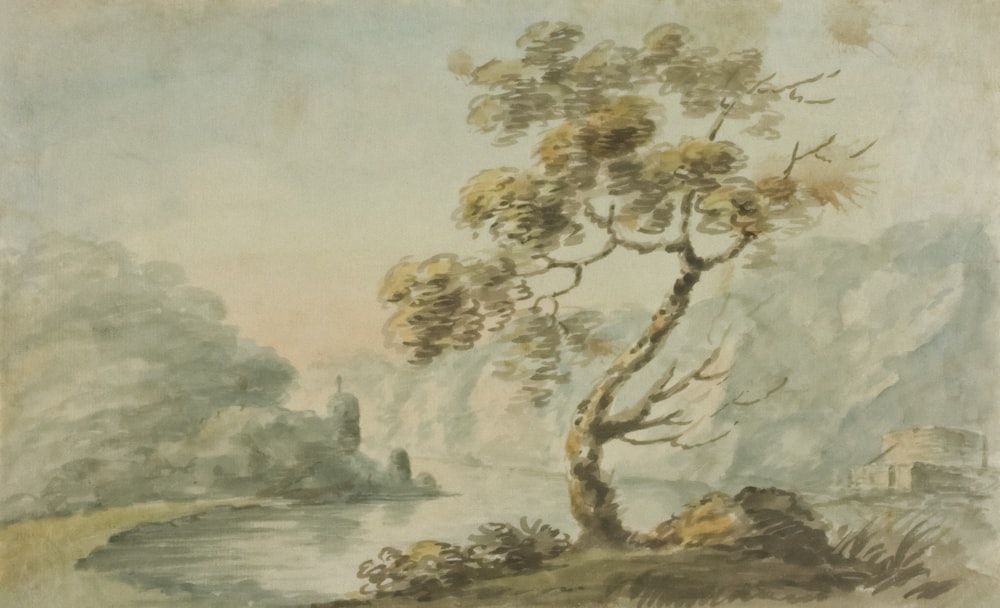 a painting of a tree near a body of water