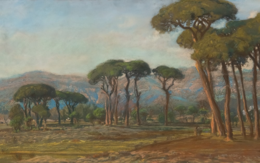 a painting of trees in a field with mountains in the background
