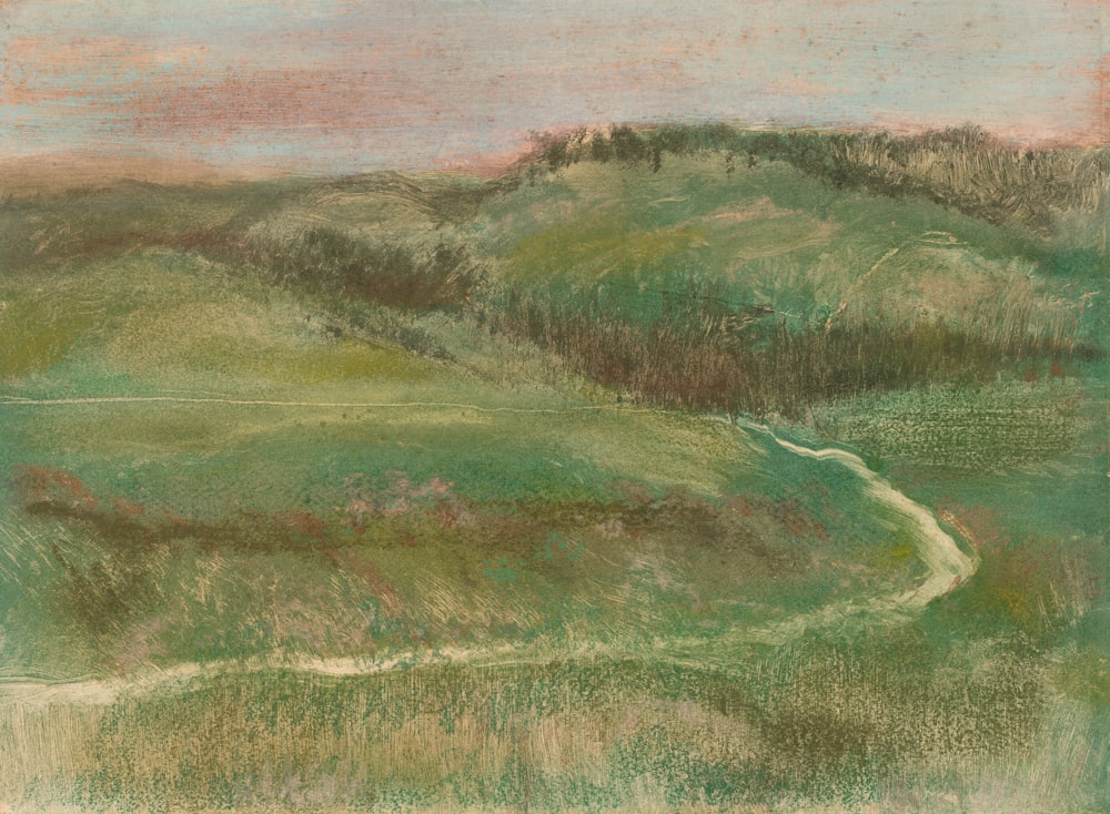 a pastel drawing of a hilly landscape