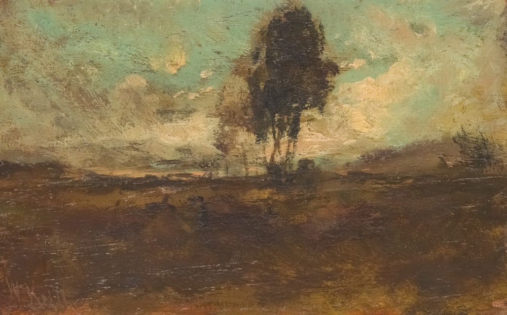 a painting of a tree in a field