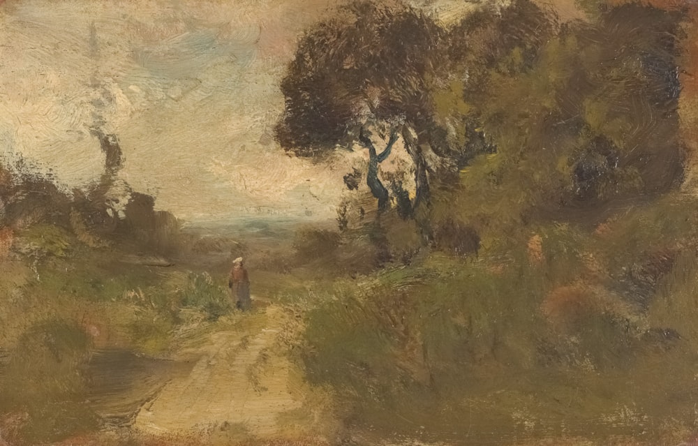 a painting of a person walking down a dirt road