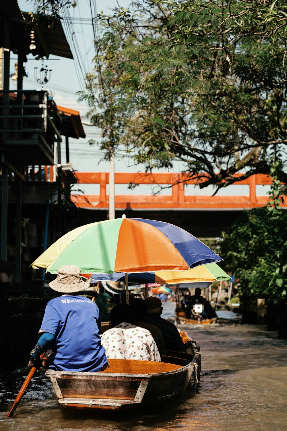 a person in a small boat with an umbrella