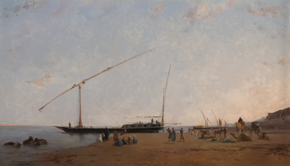 uma pintura de pessoas em uma praia perto de um barco