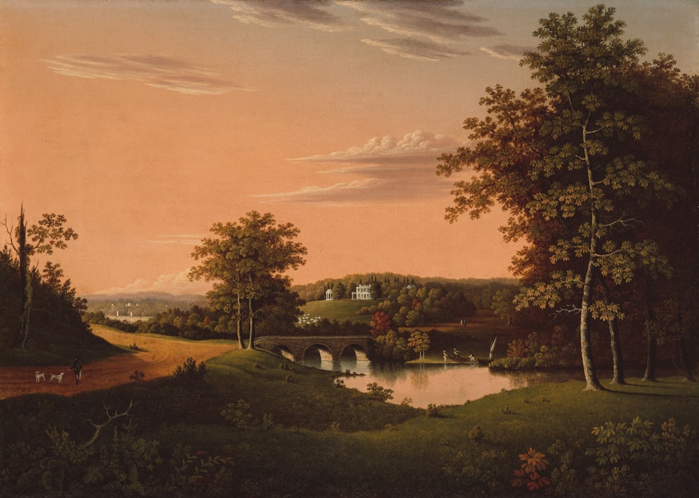 a painting of a river with a bridge in the distance