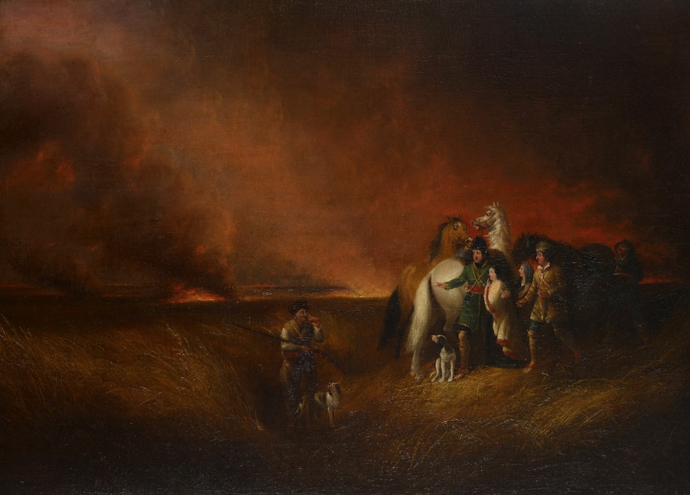 a painting of a white horse and a group of people