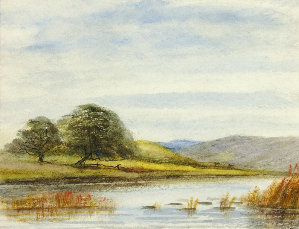 a painting of a lake with trees in the background