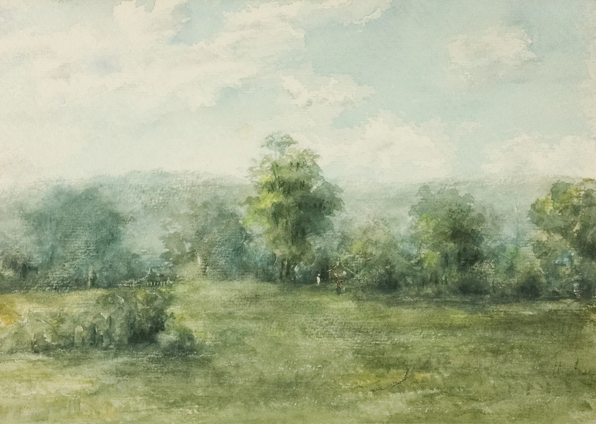 A watercolour painting of open parkland with mature trees under a soft sky