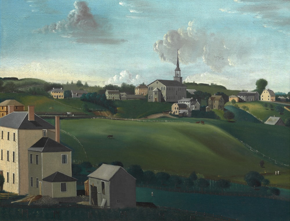 a painting of a rural landscape with houses and a church