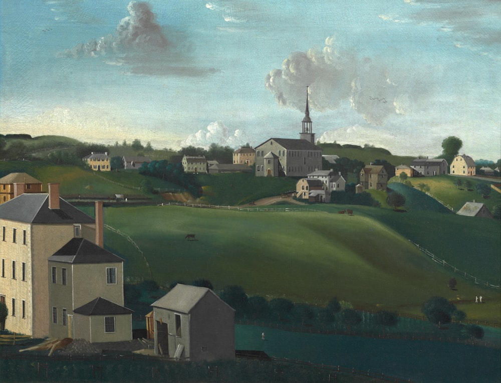 uma pintura de uma paisagem rural com casas e uma igreja