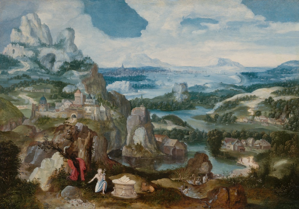 a painting of a mountainous landscape with people and animals