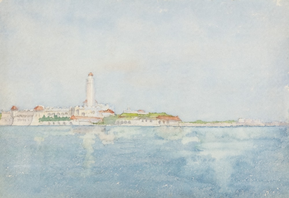 a painting of a lighthouse on a small island