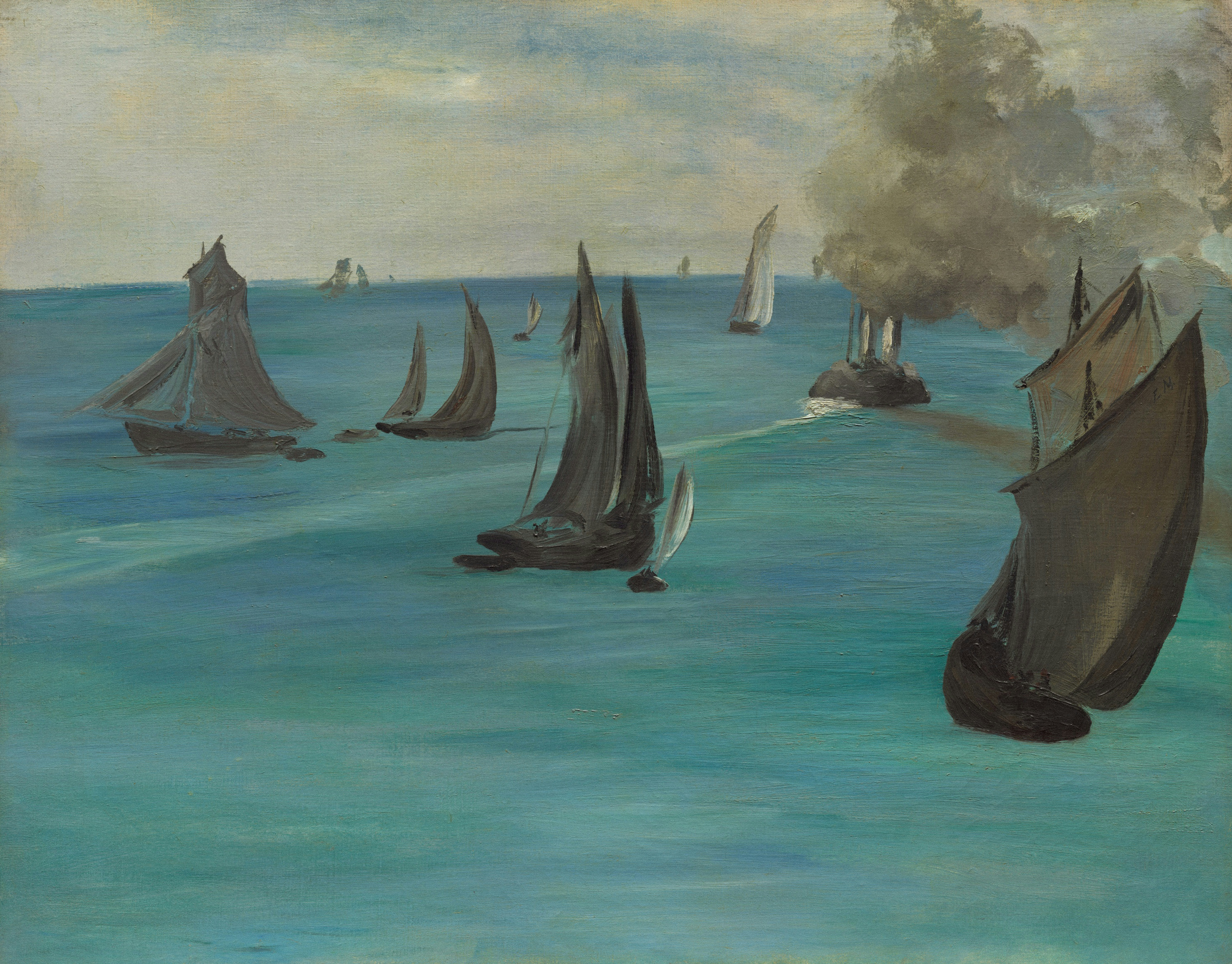 a painting of a group of sailboats in a body of water