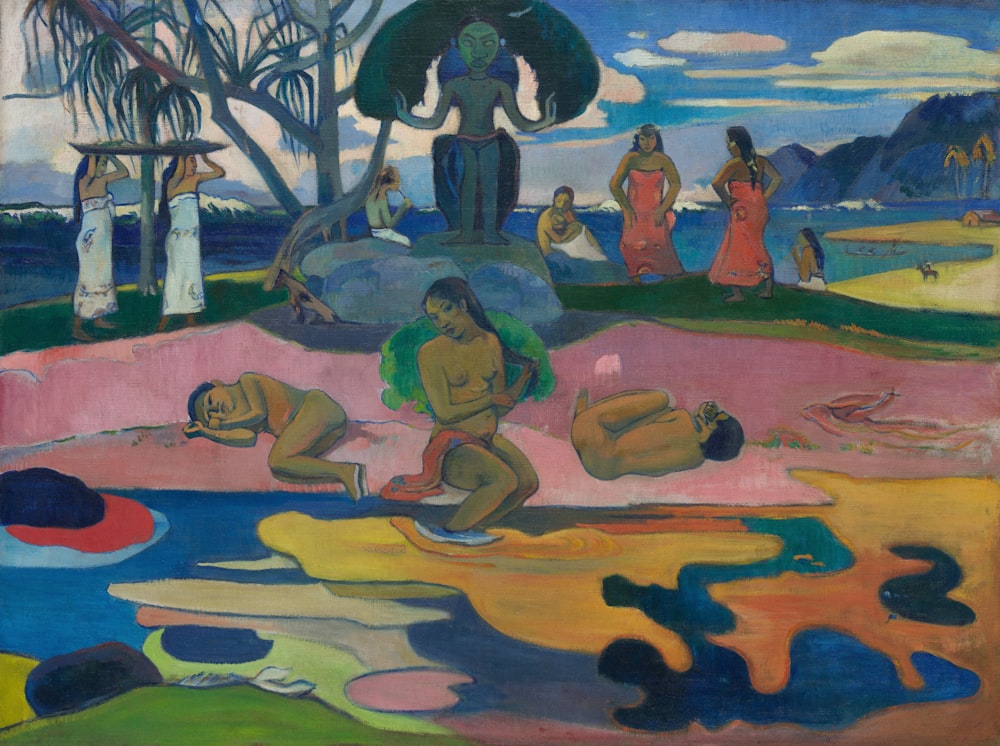 un dipinto di un gruppo di persone su una spiaggia