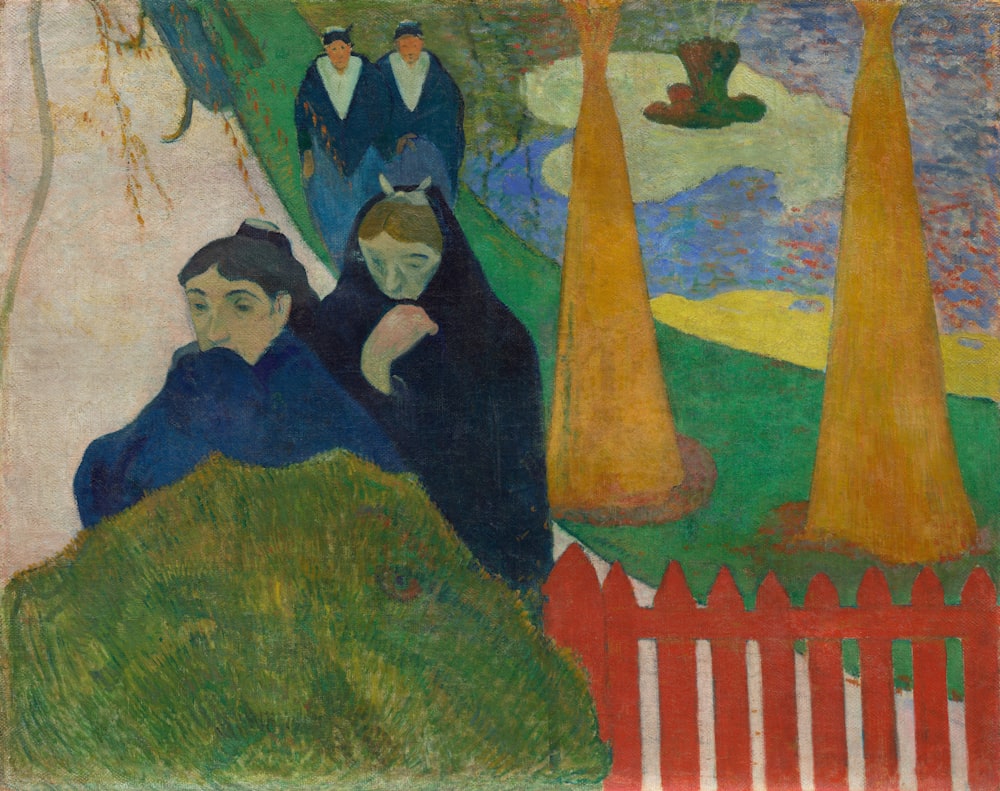 a painting of a group of people in a park