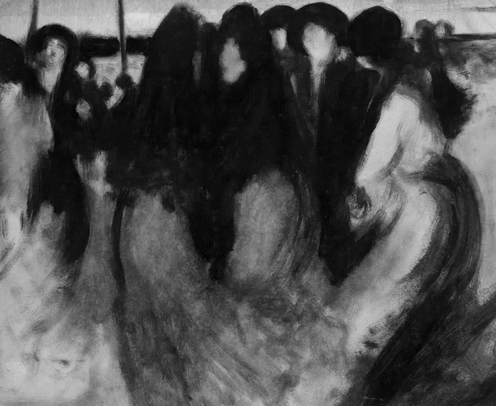 a black and white drawing of a group of people