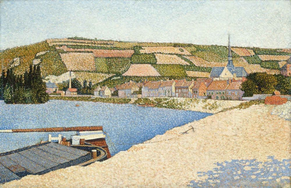 a painting of a village and a body of water