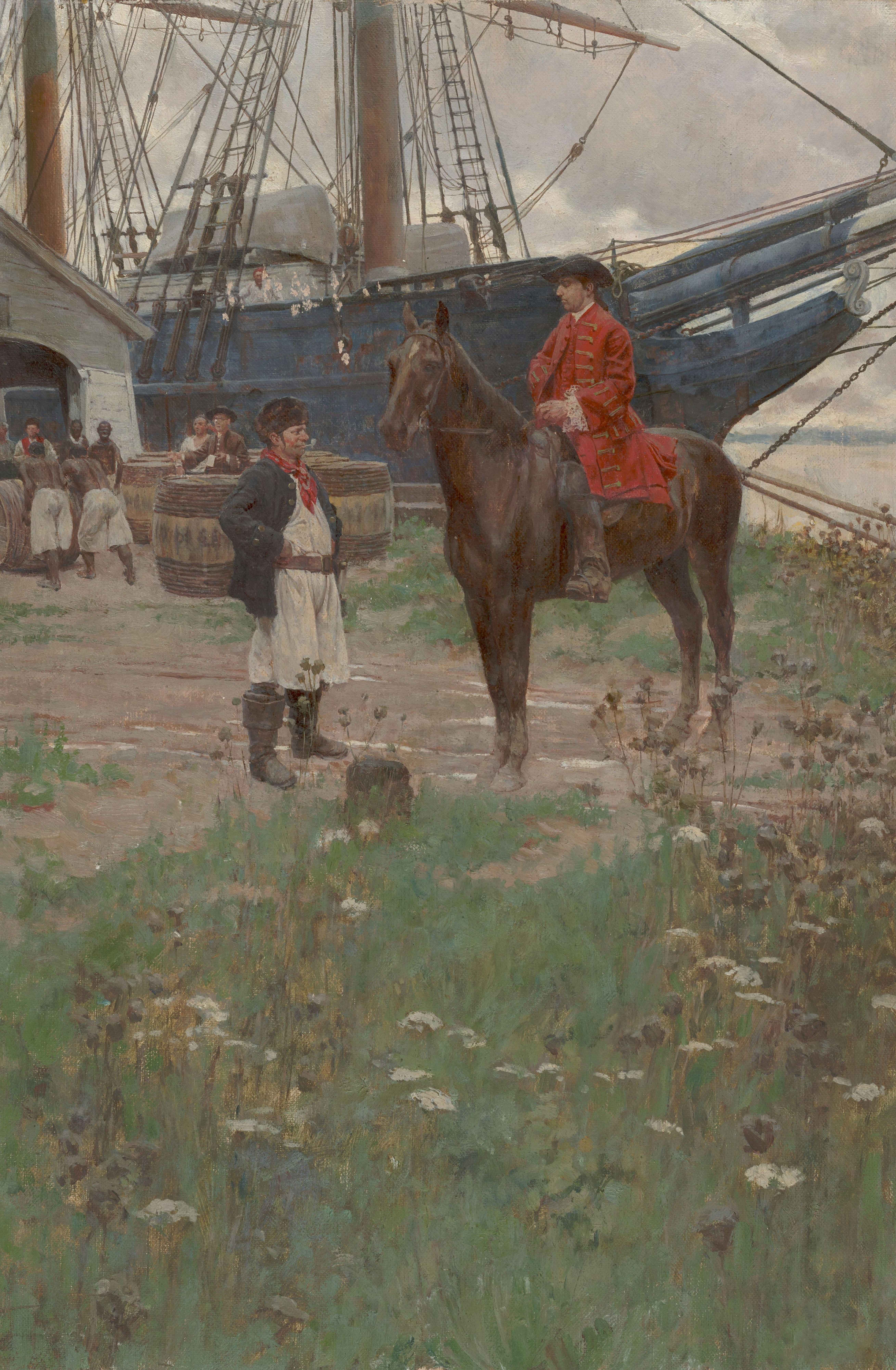 a painting of a man on a horse next to a boat