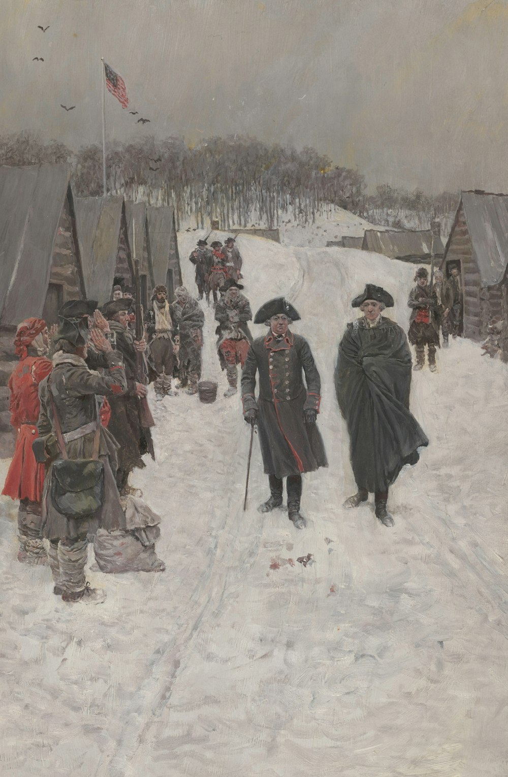 un dipinto di un gruppo di persone che camminano nella neve