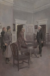 a painting of a group of men standing around a table