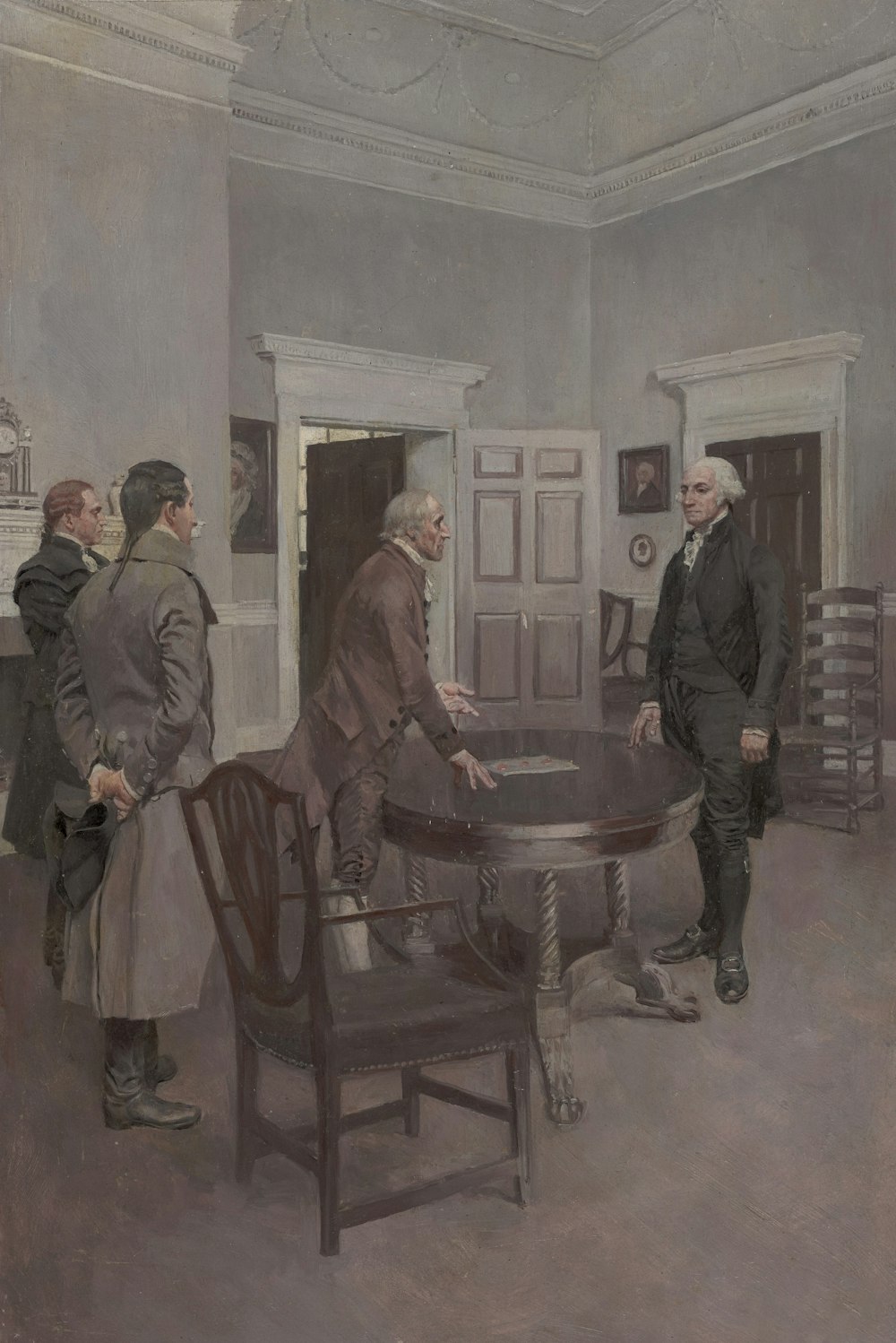 a painting of a group of men standing around a table