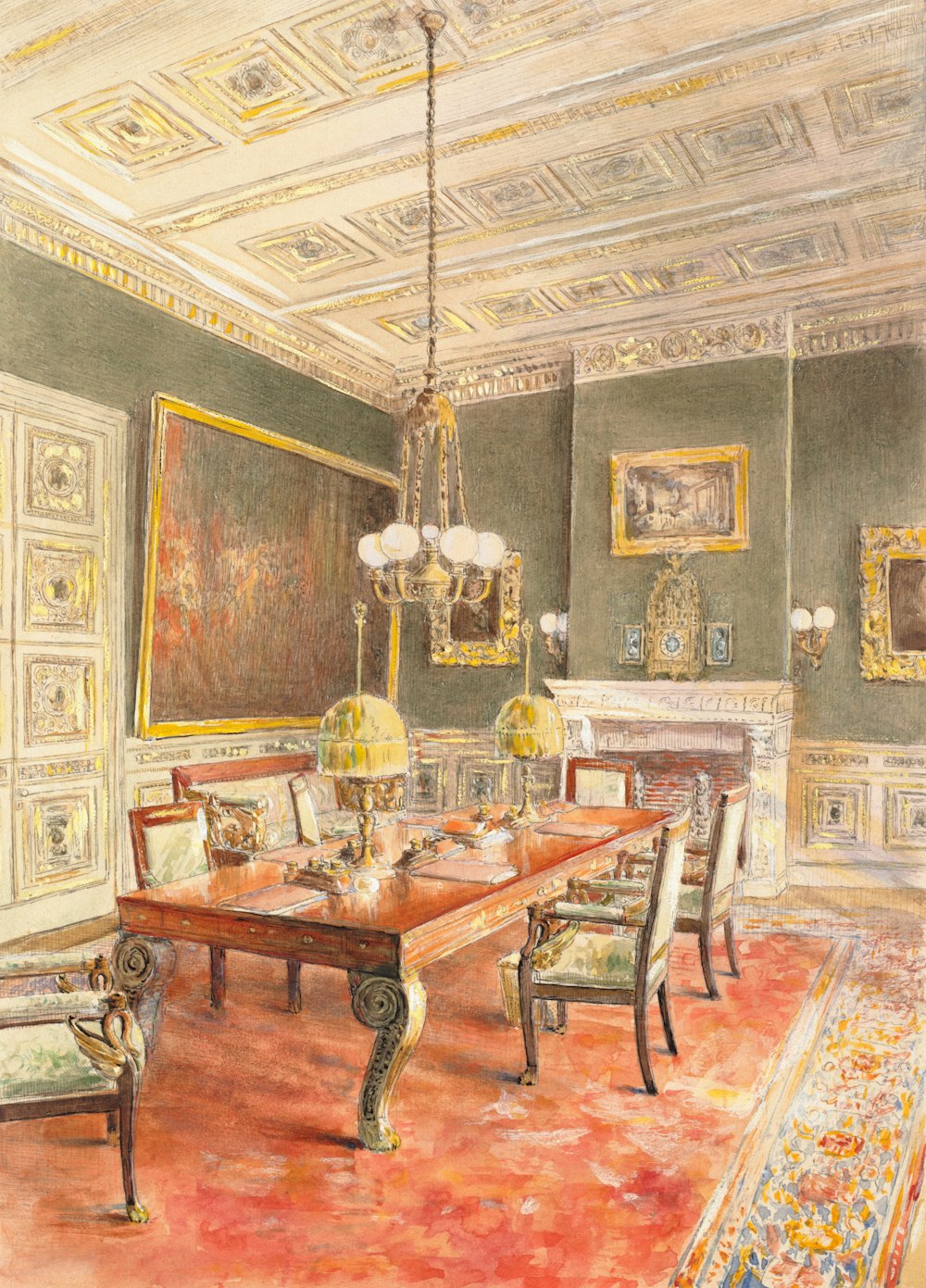 a drawing of a dining room with a table and chairs
