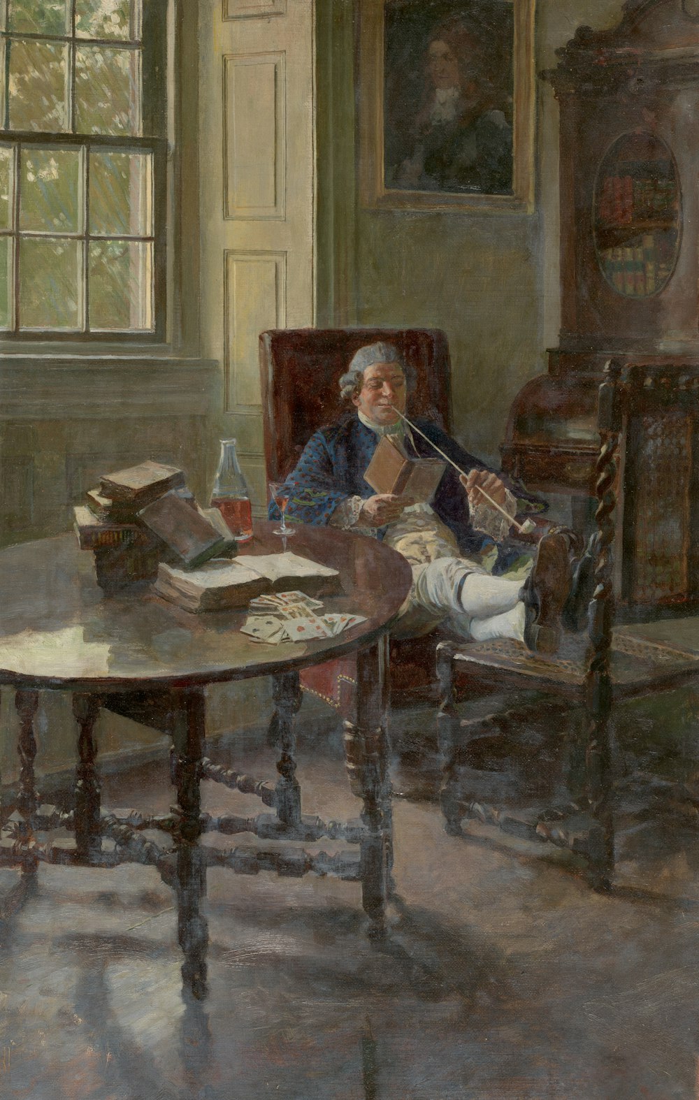 una pintura de un hombre sentado a la mesa
