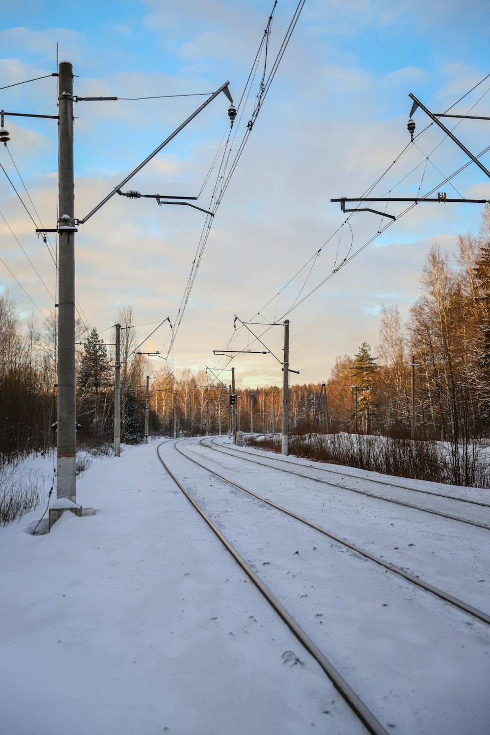 a snow covered train track next to a forest