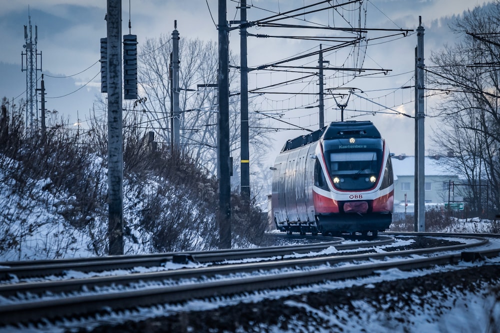 a train traveling down train tracks next to a forest