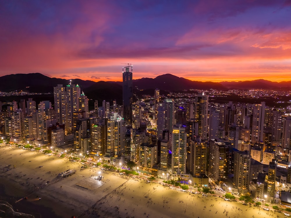 an aerial view of a city at night