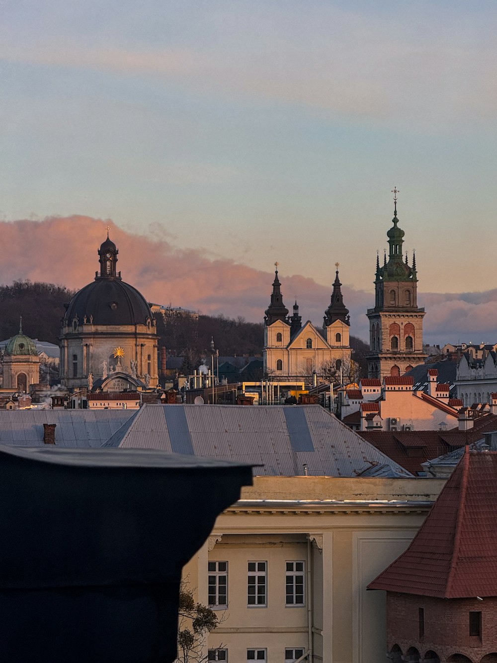 a view of a city with a clock tower