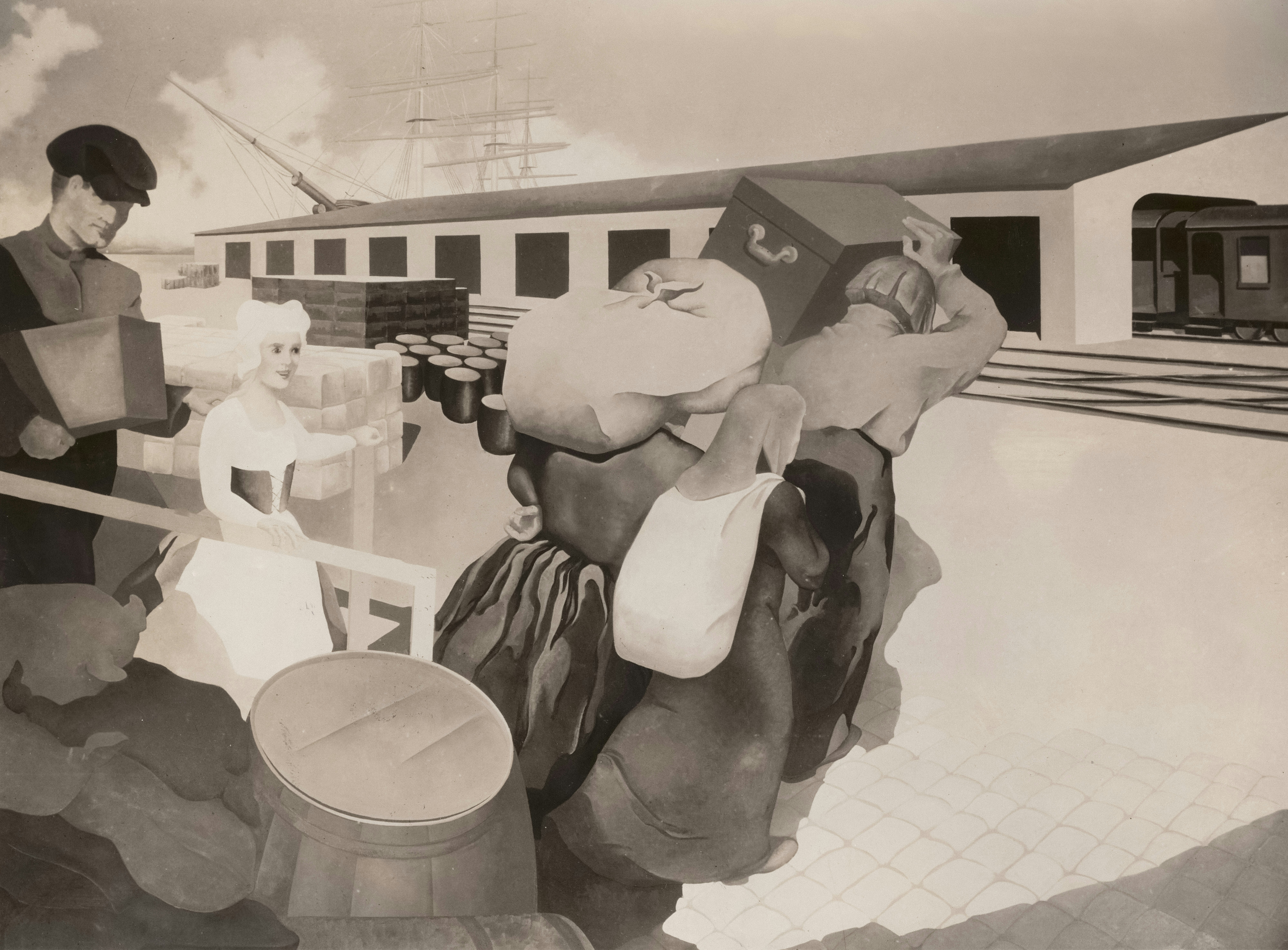 a black and white photo of a man and two children