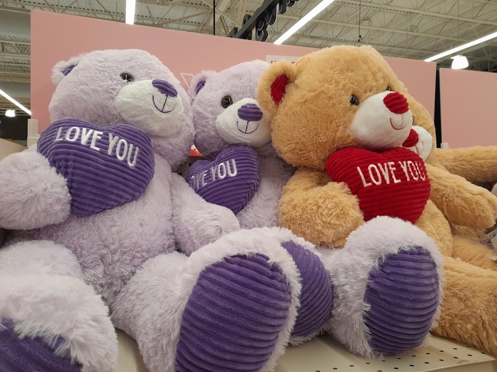 a couple of teddy bears sitting on a shelf