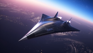 an artist's rendering of a space shuttle flying over the earth