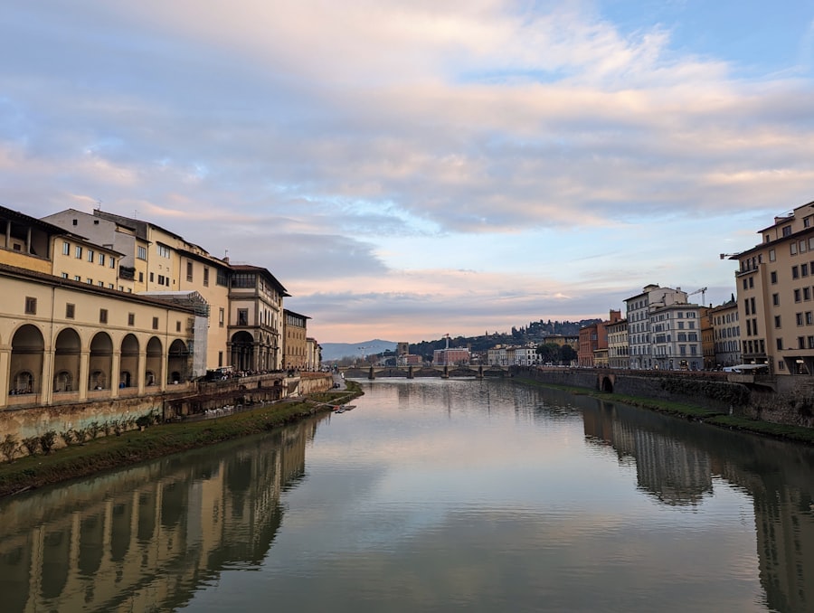 Sunset over the Arno River with Ponte Vecchio in Florence