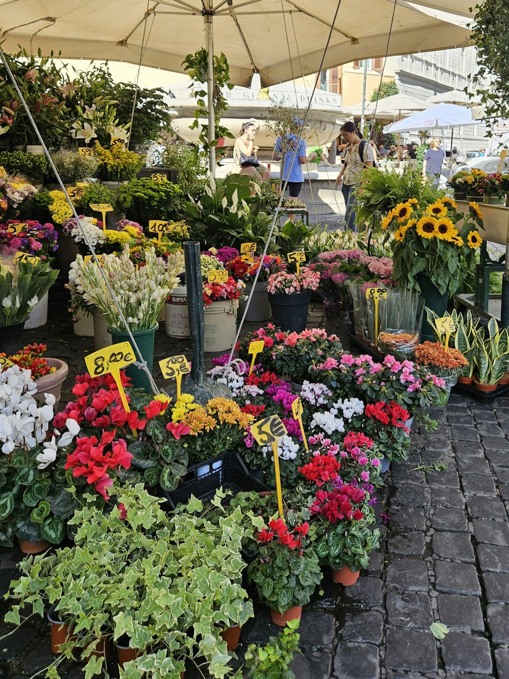 a bunch of flowers that are sitting under a umbrella