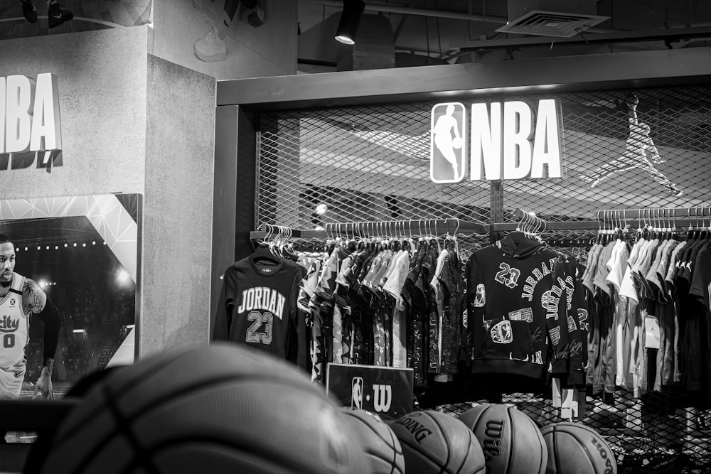 a black and white photo of a basketball store