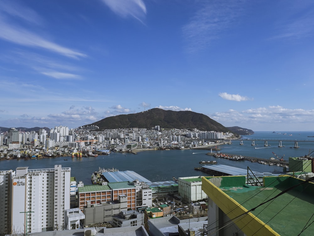 a large body of water with a city in the background