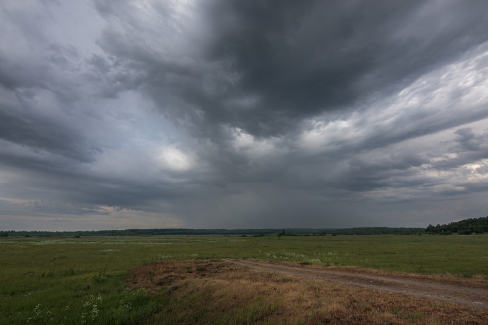 a dirt road running through a lush green field under a cloudy sky